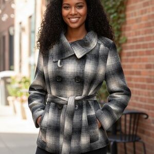 Last Kiss Women's Plaid Pea Coat - Black and Gray